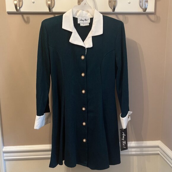 AMY TOO! Vintage Girl's Size 8 Long Sleeve Dress in Navy/Green Gingham Print - Picture 1 of 3